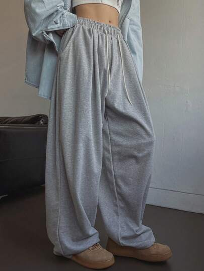 DAZY Pantalones de chándal de mujer de cintura alta y pierna ancha con diseño plisado, pantalones de corte holgado