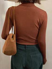 DAZY Blusa feminina de gola alta e manga comprida, ideal para usar em camadas no outono/inverno. - Ferrugem Marrom - Ver 2