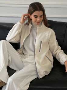 DAZY 女士休闲抓绒卫衣外套，宽松版型，翻领，秋冬女式外套 - 米色 - 查看 7