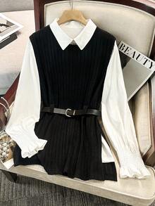 GlowEve CURVE 大码女式白色衬衫和纯色开衩针织背心两件套，优雅时尚百搭通勤装 - 黑與白 - 查看 1