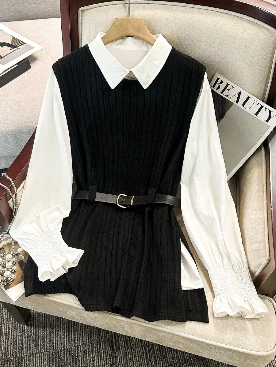 GlowEve CURVE 大码女式白色衬衫和纯色开衩针织背心两件套，优雅时尚百搭通勤装 - 黑與白 - 查看 1