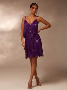 Glamine 女式露背流苏蕾丝露背拉链四季修身闪光连衣裙，深绿色亮片连衣裙，性感迷你连衣裙，高端派对装，鸡尾酒会礼服，华丽轻盈连衣裙，约会夜礼服，优雅节日晚礼服，适合新年假期派对穿着 - 紫色 - 查看 5