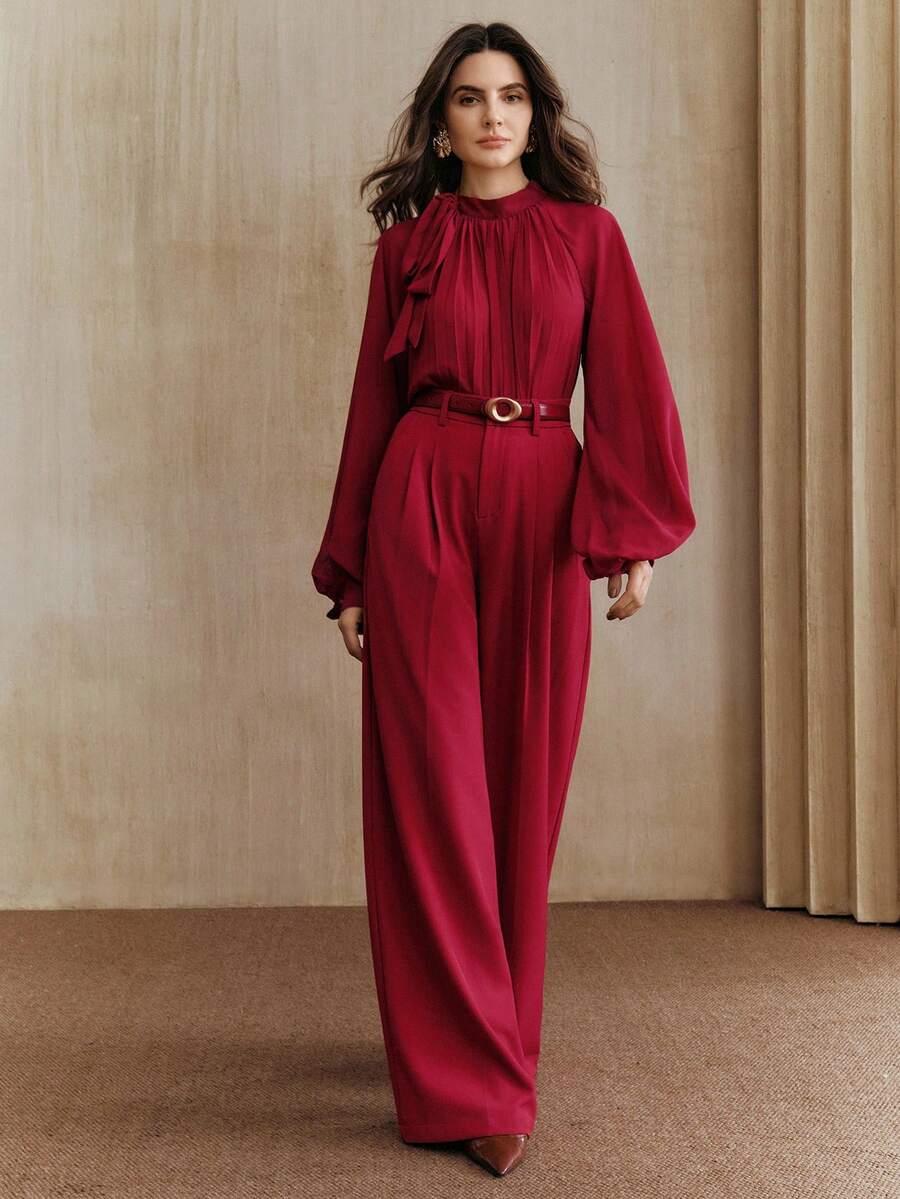 Anewsta Women's Pleated Tie Front Long Sleeve Elegant Casual Shirt, Suitable For Valentine's Day, Carnival, Party, Red Top - Burgundy - View 1