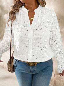 SHEIN Plus Size Women Fashion Elegant Casual Mesh Embroidered Blouse - White - View 4