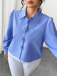 Elenzga Große Größen Blumen Knopf Kragen einfarbige Strickjacke, elegante Bluse - Blau - Übersicht 6