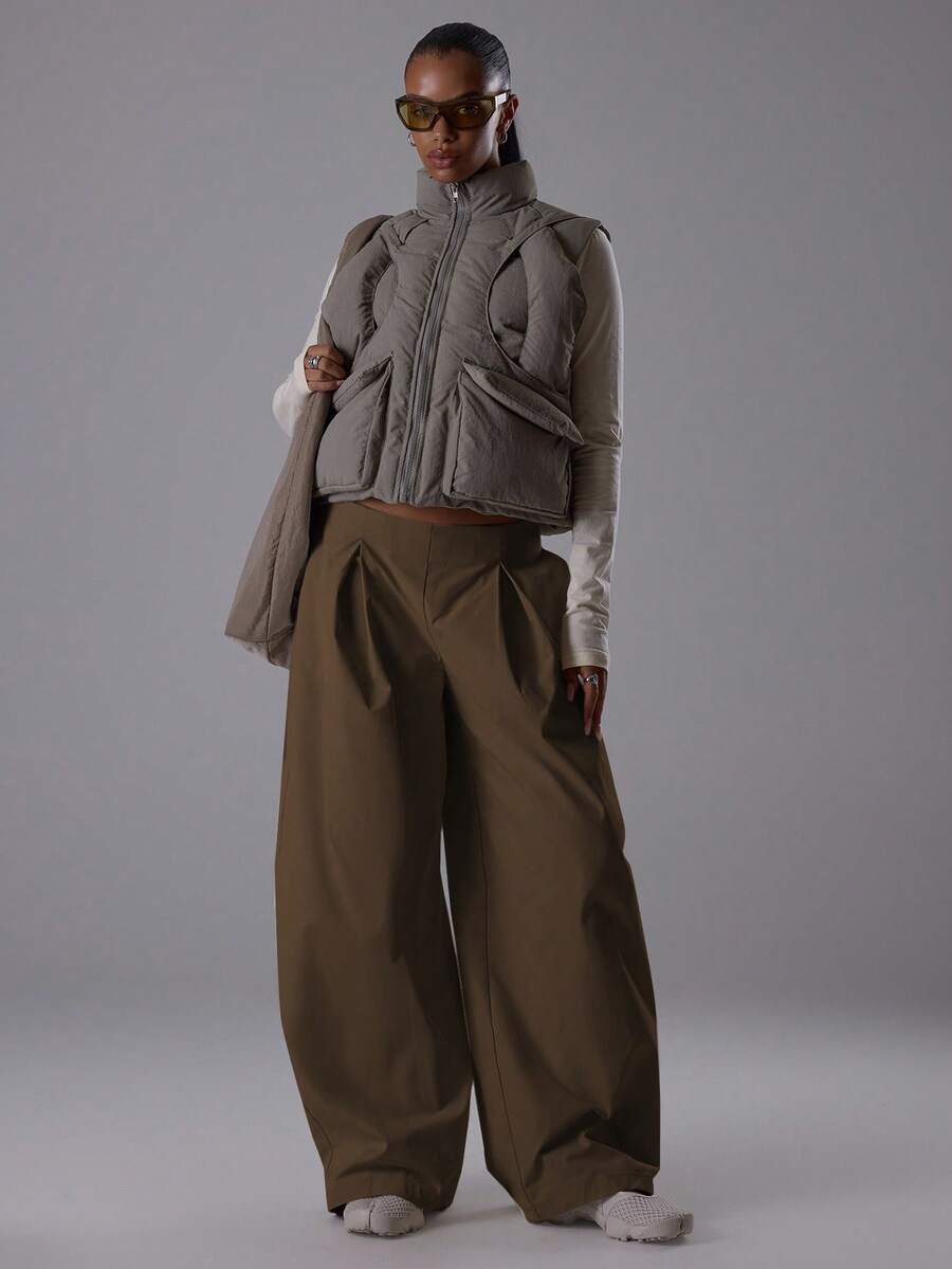 MUSERA Oversized Wide Leg Barrel Tie Waist Pleated Low Rise Trousers Classy Night Out Sexy Cute Coolgirl Streetwear Dawn Pants Spring - Brown - View 1