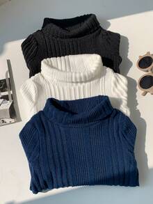 SHEIN 3pcs Baby Boy Soft Knit Casual Versatile Turtleneck Long Sleeve Pullover Tops, Suitable For Autumn & Winter Baby Solid Color Knitted Sweater Baby Turtle Neck  Thanksgiving Gift