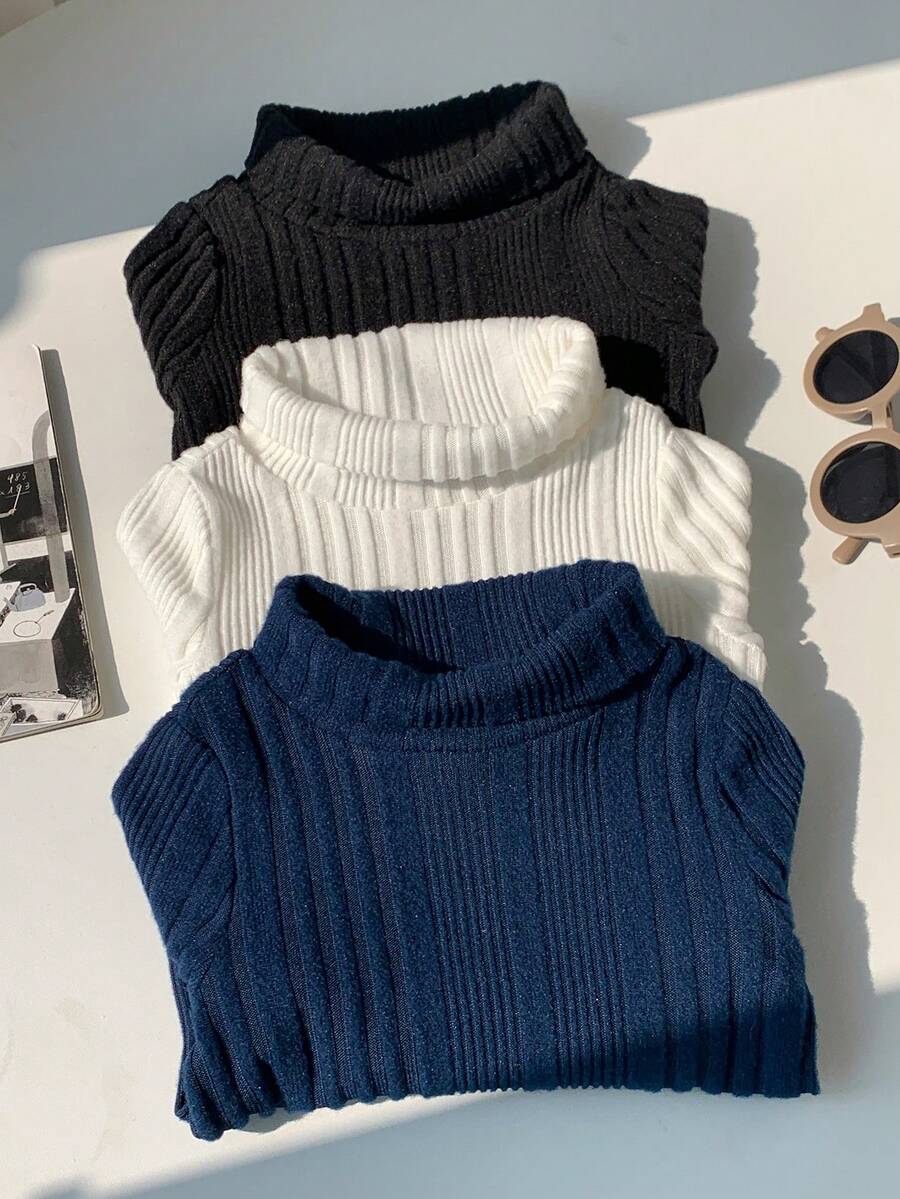 SHEIN 3pcs Baby Boy Soft Knit Casual Versatile Turtleneck Long Sleeve Pullover Tops, Suitable For Autumn & Winter Baby Solid Color Knitted Sweater Baby Turtle Neck  Thanksgiving Gift