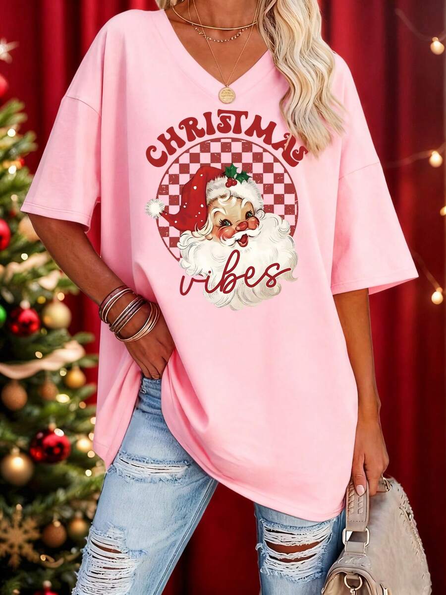EMERY ROSE Red Santa Vibes V-Neck T-Shirt, Women's Christmas Shirt, Cute And Fun Christmas Top, Vintage Santa Claus V-Neck T-Shirt, Suitable For Spring And Summer - Pink - View 1