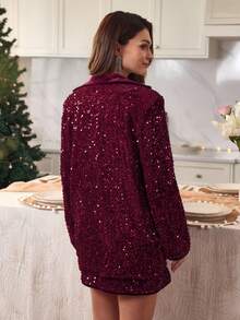 Lyxana Bộ vest blazer dài tay thanh lịch, đính sequin màu sắc đơn giản dành cho nữ kèm chân váy ngắn màu trơn, trang phục 2 món - Màu Đỏ Sâu - Xem 2