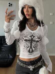 Coolane Women's Y2K Streetwear Daily Wear Casual Stretchy Cross Graphics Bustier V-Neck T-Shirt,Punk Top - White - View 3