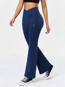 Seamluxe SHEIN Sport 1pc Seamless High Elasticity Women Yoga Casual Daily Fitness Sports Criss-Cross Waist Leggings Flare Yoga Pants Navy Yoga Leggings Flare Leggings - Navy Blue - View 6