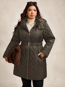 Zelara Quilted Padded Coat With Metal Belt, Plus Size Hooded Coat In Fall/Winter - Coffee Brown - View 9