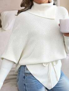Louniche Women's High Neck Batwing Sleeve Asymmetrical Hem Tie Waist Sweater Fall Winter Cloth For Women - Beige - View 1