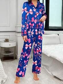 Bowknot Faux Silk Lapel Cardigan Long Sleeve Top & Pants Pajama Set, Fall & Winter Clothes - Multicolor - View 6