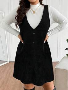 Lounesse Women Plus Size Solid Color Stand Collar Long Sleeve T-Shirt And Casual Bib Dress 2-Piece Set, Spring - Black - View 4