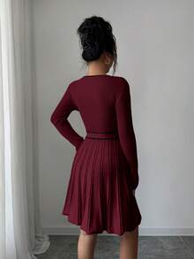 SHEIN Elenzya Women's Elegant Fitted V-Neck Contrast Trim Ribbed Texture Peplum Hem Sweater Dress, Autumn/Winter - Burgundy - View 2