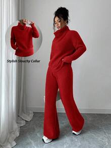SHEIN Elenzya Bộ áo len dệt kim dài tay màu lạc đà rộng rãi thanh lịch và quần dài hai món, thích hợp để đi làm, mùa thu/đông - Đỏ - Xem 3
