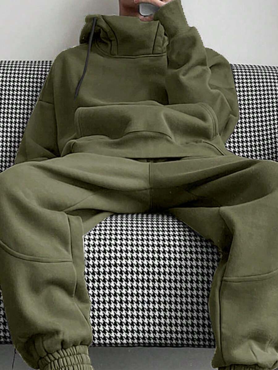 Claim Dot 男士纯色落肩长袖抽绳连帽衫和运动裤休闲两件套，橄榄绿，冬季保暖内衬 - 綠色 - 查看 1