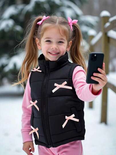 Vestă versatilă neagră pentru fete, cu guler clasic și fundă, buzunare false, închidere cu fermoar frontal, design elegant și minimalist, potrivită pentru ținute casual, acasă, ieșiri, școală, întâlniri de familie, călduroasă și confortabilă, potrivită pentru purtare zilnică, primăvară/toamnă/iarnă