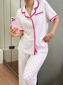 SHEIN Women's Fresh Heart Print Patchwork Color Block Collar Button Short Sleeve Pajama Set - White - View 6