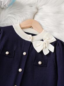 Sparklyn Tween Girls 甜美厚重3D手工蝴蝶结毛衣套装，宽松百搭气质针织开衫+P两件套，女童温柔可爱长袖毛衣套装，适合日常穿着、外出旅行，秋冬毛衣 - 藏蓝色 - 查看 3