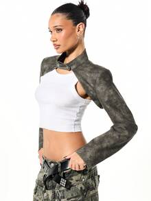 SUMWON WOMEN Extreme Cropped Moto Jacket With Cut Out Chest Detail And Stud Belt - Black - View 5