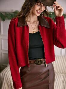 LanaWest 女式拉链拼布领休闲针织开衫 - 紅色 - 查看 7