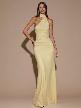 SHEIN BAE Höst/vinter Dam Sexig Minimalistisk Enfärgad Krämgul Asymmetrisk Ryggklänning med Halter och Utan Rygg, Lämplig För Fest, Cocktailparty, Formella Tillfällen, Brudtärna, Födelsedag, Gul Meshklänning, Jul, Cocktailparty, Business Casual, ElegantMaxiklänning