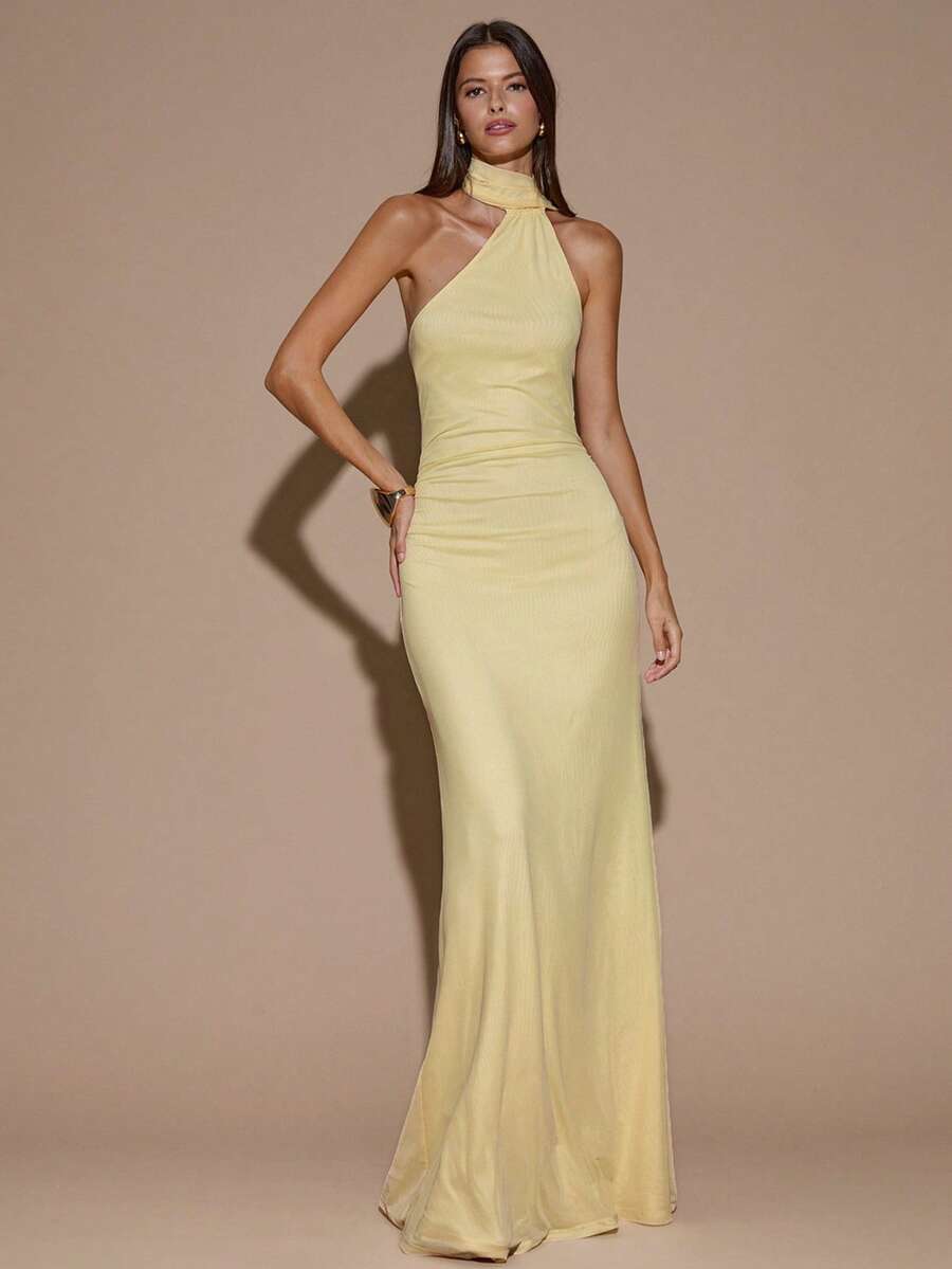 SHEIN BAE Women's Elegant Pale Yellow Summer Wedding Guest Dress, Halter Backless Asymmetric Ruched Maxi Dress For Party Cocktail Formal Bridesmaid Event - Light Yellow - View 1