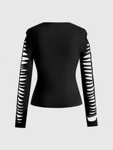ROMWE Grunge Punk Y2K Punk Kpop Cross Rivet Design Sleeve Burnout Hollow Out Fitted Long Sleeve T-Shirt, Solid Color Versatile - Black - View 2