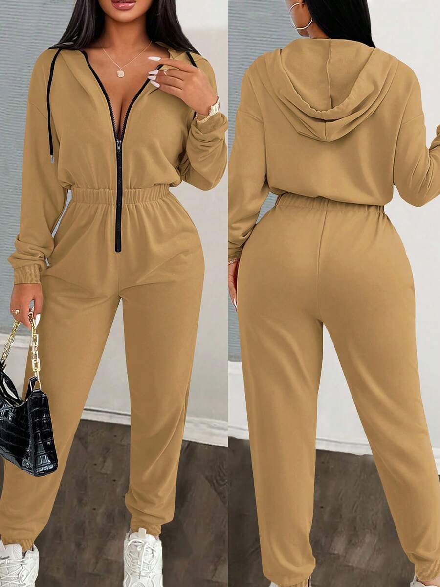 Eryvara Women's Drop Shoulder Long Sleeve Contrast Color Drawstring Hooded Casual Jumpsuit - Khaki - View 1