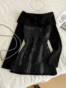 SHEIN Unity Vestido sexy para mujer con hombros descubiertos, con cuentas y lentejuelas - Negro - Ver 1