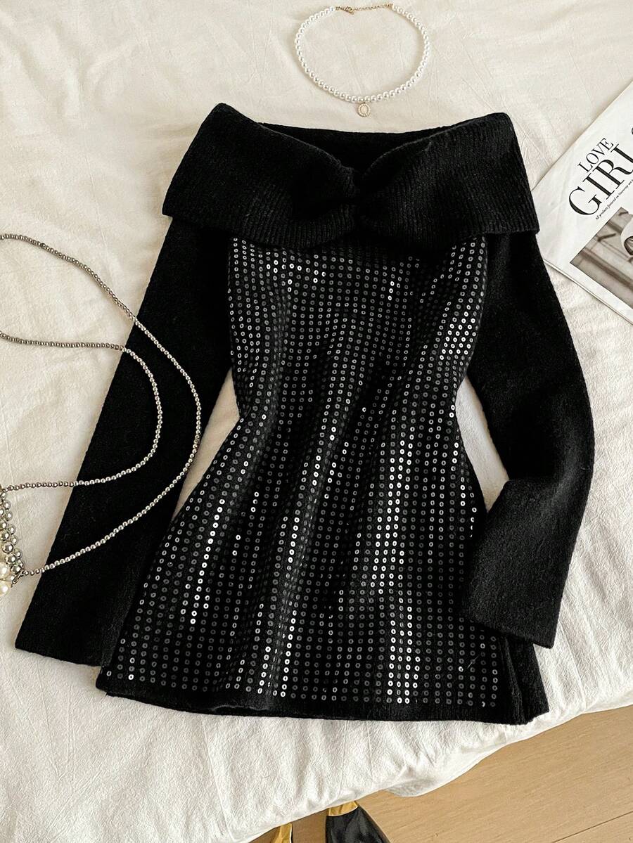 SHEIN Unity Vestido sexy para mujer con hombros descubiertos, con cuentas y lentejuelas - Negro - Ver 1