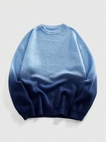 ROMWE MEN Casual كنزة صوفية كاجوال فضفاضة بتدرج أزرق، رقبة طاقم، أكمام طويلة، خريف/شتاء للرجال - الأزرق - مشاهدة 1