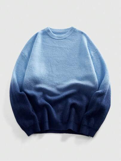 Street Life Men's Casual Loose Fit Gradient Blue Crew Neck Long Sleeve Sweater, Autumn/Winter