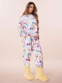 My Little Pony X SHEIN Bộ quần dài và áo hoodie rộng rãi in họa tiết thoải mái đi làm hàng ngày cho nữ, Xuân/Thu - Màu xanh lam - Xem 4