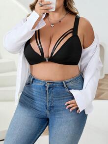 SHEIN CURVE+ Áo hai dây ren cổ chữ V sâu cỡ lớn dành cho nữ - màu đen - Xem 4
