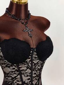 Amplova Plus Size Sexy Lace Patchwork Bustier Bodysuit - Black - View 4