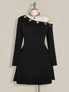 SHEIN ICON Vestido de manga larga de punto con decoración de ojetes metálicos en el hombro oblicuo, vestido de punto de moda retro Y2K de otoño de talla grande