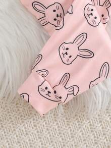 Cozy Pixies 女婴卡通兔子印花针织柔软圆领长袖上衣和松紧腰长裤两件套贴身睡衣套装 - 粉色 - 查看 5