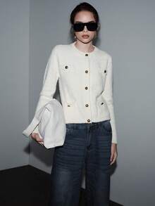 SHEIN Luminelle 女士法式纹理单排扣长袖针织开衫 - 米色 - 查看 7