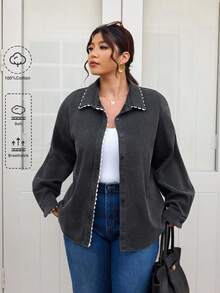 Lounesse بلوزة كاجوال بأكمام طويلة وتصميم كشكش متباين للنساء ذوات الأحجام الكبيرة، قابلة للغسيل، تصميم فضفاض عصري