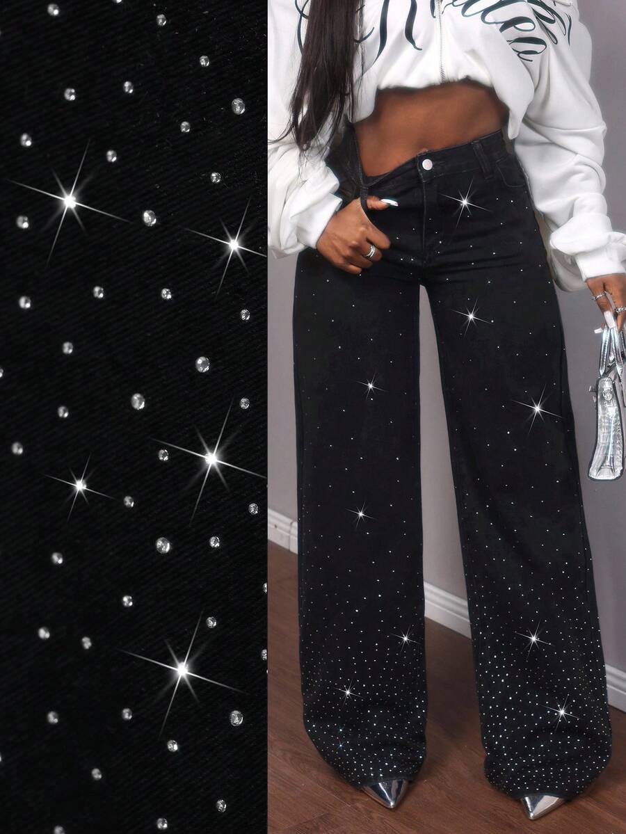 Slaydiva 女式高腰水钻口袋阔腿宽松休闲牛仔裤 - 黑色 - 查看 1