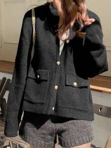 FRIFUL 女士纯色圆领落肩长袖撞色纽扣口袋装饰宽松休闲百搭开衫，秋冬款 - 黑色 - 查看 5