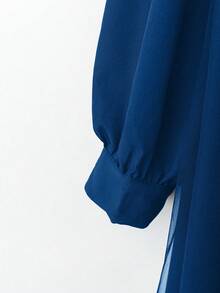 SHEIN Clasi 大码秋季休闲撞色网纱仿珍珠装饰领连衣裙 - 水鴨藍 - 查看 4