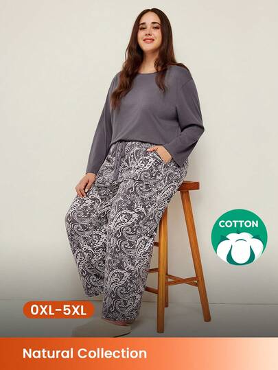 LUVLETTE Höst- och vinterpyjamasset för kvinnor, lila, mjuk bomull, enkel lång t-shirt och mönstrade byxor, loungekläder, pyjamasset för kvinnor, byxor med fickor, underkläder som ytterkläder, loungeset, höstpyjamas