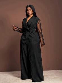 Veslaya Plus-Size Women's Winter Elegant Flared V-Neck Long Sleeve Unique Design Belted Lapel Blazer Set With Wide Leg Pants, Perfect For Christmas Outfits/New Year Wear/Thanksgiving Looks/Graceful Women's Fashion/Social Occasion Tops/Commute Attire/Daily Wear/Office Outfits/Formal Women's Wear - Black - View 3