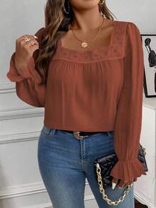 EMERY ROSE Plus Size Solid Color Square Collar Casual Long Sleeve Shirt - Redwood - View 5