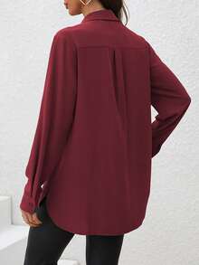 SHEIN LUNE 女士纯色单排扣工装口袋休闲长袖衬衫 - 酒紅色 - 查看 2